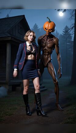 Schoolgirl Meets Pumpkinhead Monster At Night Cabin