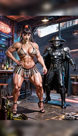 Muscular Brunette Poses With Armored Knight In Cyberpunk Bar