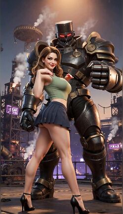 Brunette Model Poses With Giant Robot In Cyberpunk City