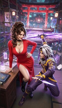 Brunette In Red Dress Faces Shinobi In Neon City