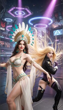 Brunette And Blonde Dance In Neon Cyberpunk Arena