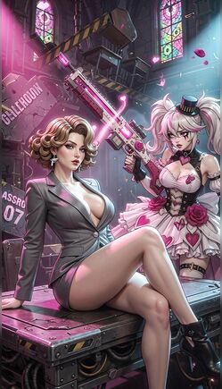 Brunette In Suit Poses With Anime Girl In Cyberpunk Room