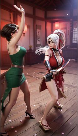 Brunette And White Haired Ninja Battle In Dojo