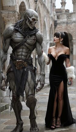 Brunette In Black Gown Poses With Undead Monster