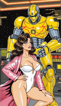 Brunette In Robe Poses With Giant Yellow Robot