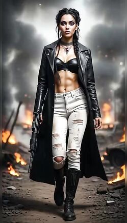 Post-Apocalyptic Warrior Woman Walking Through Firestorm