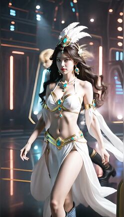 Futuristic Goddess Descends in Jeweled White Fantasy Outfit