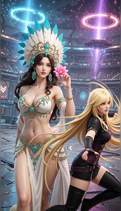 Fantasy Princess and Blonde Warrior Pose in Sci-Fi Arena