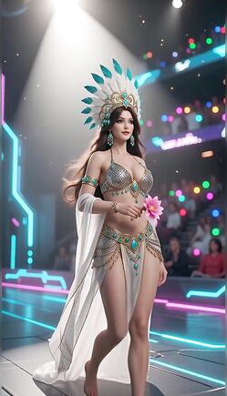 Fantasy Princess Walks Sci-Fi Arena Runway in Metallic Headdress