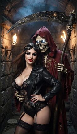 Brunette in Leather Lingerie Poses with Grim Reaper