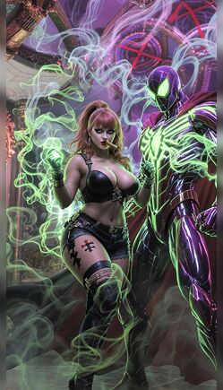 Redhead Warrior and Symbiote Villain Pose in Neon Chaos