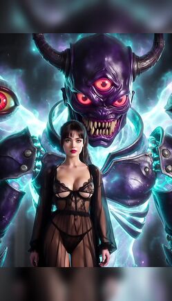 Brunette in Sheer Black Lingerie Faces Demon Overlord