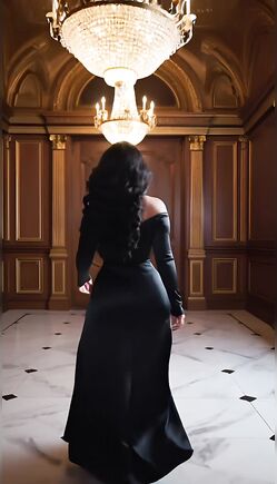 Brunette Walks in Black Evening Gown Through Grand Mansion