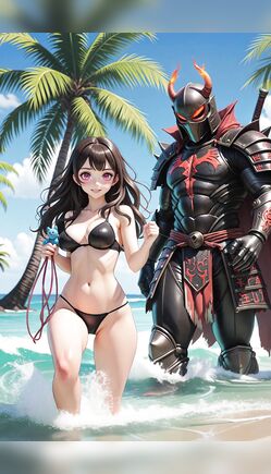 Anime Bikini Girl With Demon Samurai At Beach