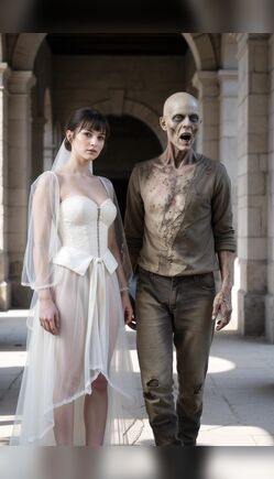 Bride In Sheer Gown Stands With Zombie In Church