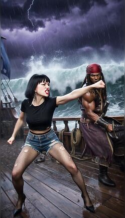 Fierce Woman Battles Pirate During Stormy Ocean Night