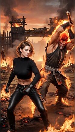 Brunette Fighter Battles Fire Barbarian In Apocalyptic Warzone