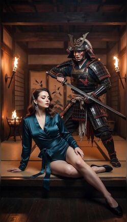 Brunette In Silk Robe Tempted By Samurai Warrior