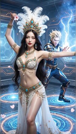 Exotic Princess Dances While Superhero Casts Lightning Magic