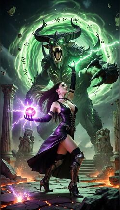 Brunette Sorceress Battles Horned Demon With Purple Magic