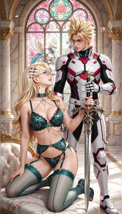Blonde In Teal Lingerie Kneels Before Armored Knight