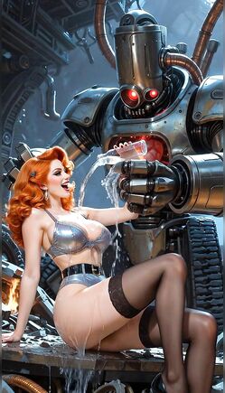 Redhead Bombshell In Silver Lingerie Teased By Robot Sci-fi