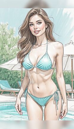 Playful Brunette Posing In Blue Bikini By Pool