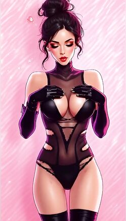 Dominatrix Anime Beauty In Sheer Black Bodysuit Posing