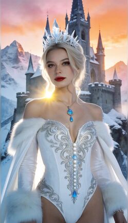 Ethereal Ice Queen Posing Before Majestic Winter Castle Sunset