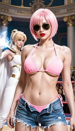 Pink Haired Fighter Battles Superhero In Wrestling Ring