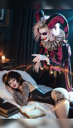 Sinister Jester Tempts Tattooed Beauty In Candlelit Bedroom