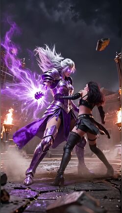 Purple Mage Battles Brunette Fighter With Magic In Ruins