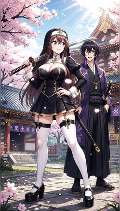 Warrior Nun With Katana Stands Under Cherry Blossoms