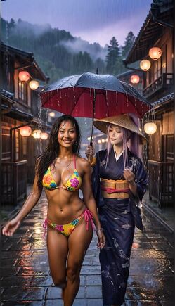 Colorful Bikini Model Walks Rainy Japanese Street Night