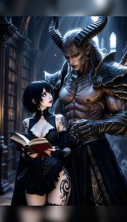 Goth Brunette Studies With Horned Demon Knight In Library