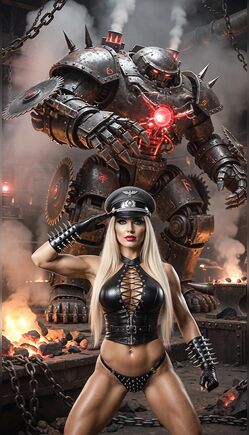 Blonde Officer Salutes Before Giant Mech In Firestorm