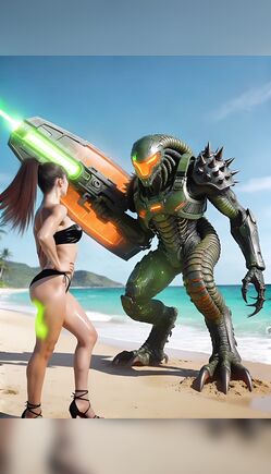 Brunette In Bikini Confronts Giant Alien On Beach