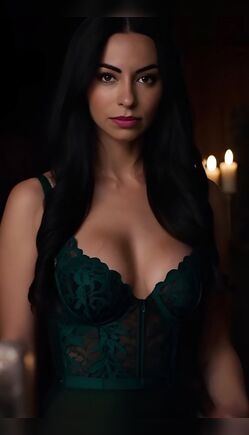 Dark Haired Beauty Poses In Green Lace Corset By Candlelight