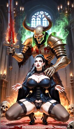 Corset Woman Kneels Before Demon Knight In Flaming Cathedral
