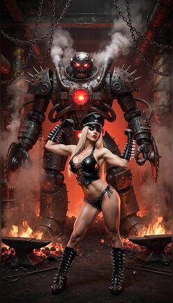 Blonde Police Dominatrix Poses Before Fiery Apocalyptic Robot