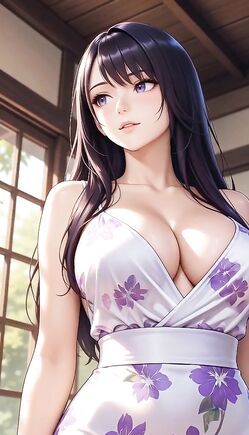 Curvy Anime Beauty Slowly Walks Japanese Traditional Corridor