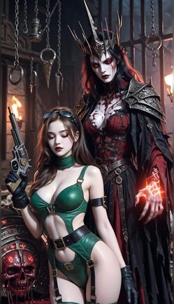 Anime Gunslinger Poses With Lich In Dark Dungeon