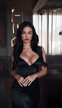 Brunette Bombshell Poses In Black Satin Low Cut Dress