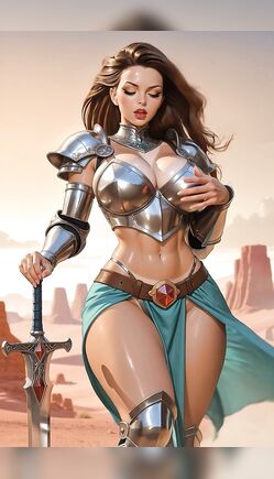 Brunette Barbarian Warrior Poses In Desert With Sword