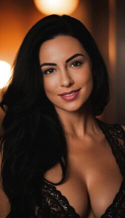 Brunette Bombshell Smiles In Black Lace Cleavage Closeup Studio