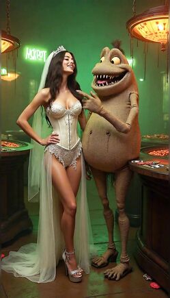 Bride Pinup Dances With Monster In White Corset Veil