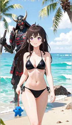 Brunette Pinup Poses With Samurai Warrior On Tropical Beach