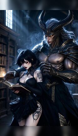Gothic Brunette Reads Book With Demon Warrior In Library