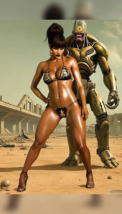 Brunette Pinup Poses With Robot In Desert Wasteland
