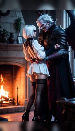 White Haired Anime Maid Embraces Demon By Fireplace